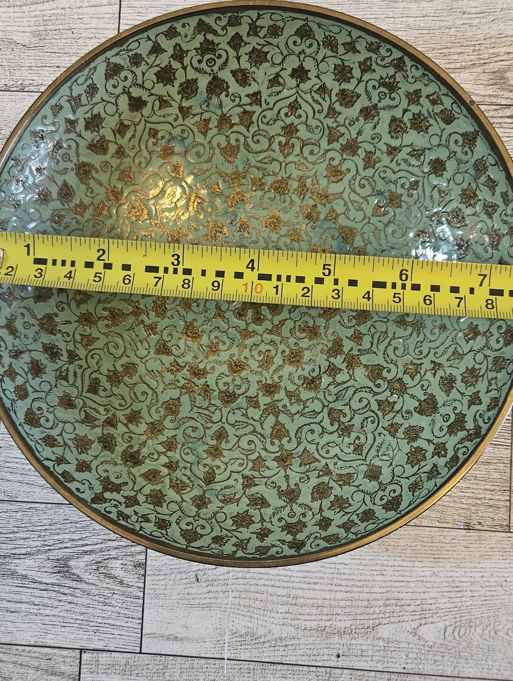 Vintage Solid Brass & Enamel Bowl Pale Green Floral Leaf Design 7 1/2" x 2" - Picture 6 of 7